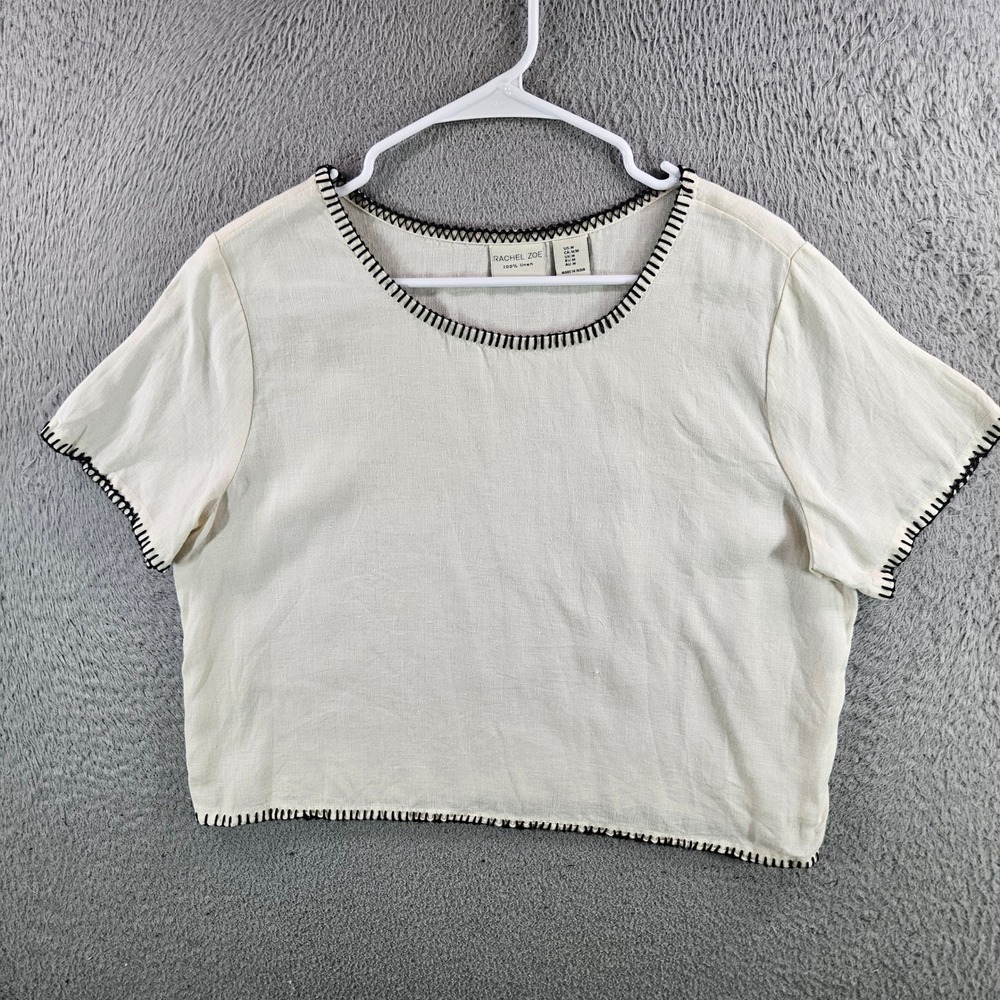Rachel Zoe Womens Cream 100% Linen Whipstitch Crop Top Short Sleeve Ivory Medium